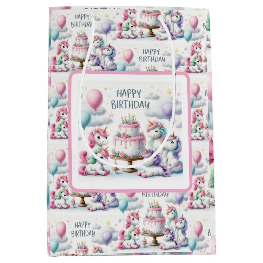 Happy Birthday Unicorn Themed Medium Cadeauzakje (Voorkant)