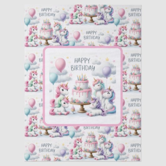 Happy Birthday Unicorn Themed Tissuepapier (Voorkant)