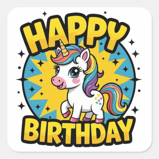 Happy Birthday Unicorn Vierkante Sticker (Voorkant)