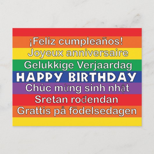 Happy Birthday Veel talen regenboogstripes Briefkaart (Voorkant)