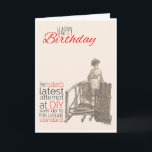 Happy Birthday, Victoriaans Humor, Husband DIY, Kaart<br><div class="desc">Een Victoriaans tekening met een compacte titel met een dame die op een gebroken brug loopt. De tekst luidt: 'De laatste poging van haar man bij DIY was aan zijn gebruikelijke standaard.'</div>