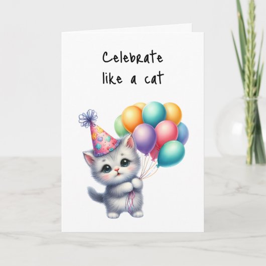 Happy Birthday Vieren als een kat Pet ballonnen Kaart (Voorkant)