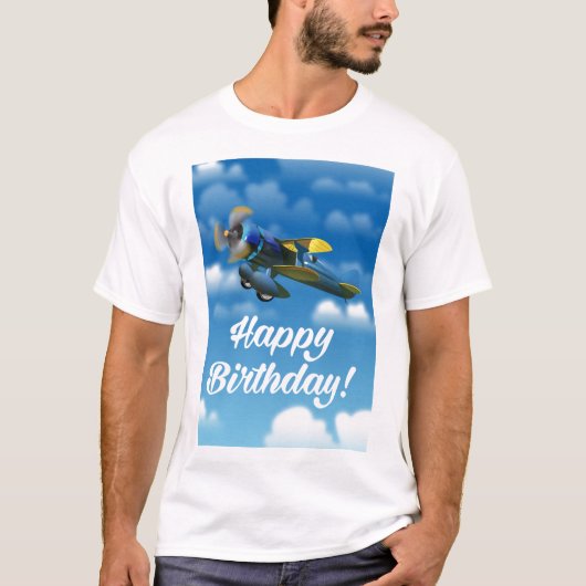 Happy Birthday  vliegtuig in een blauwe hemel T-shirt (Voorkant)