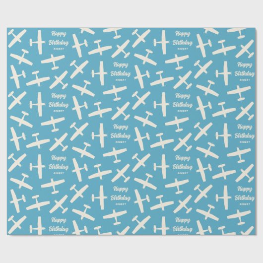 Happy Birthday Vliegtuig Retro Patroon Naam Blauw Cadeaupapier (Vlak)