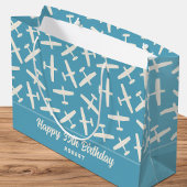 Happy Birthday Vliegtuig Retro Patroon Naam Blauw Groot Cadeauzakje