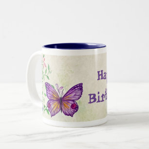 Happy Birthday vlinderbloemen Koffie-Mok Tweekleurige Koffiemok