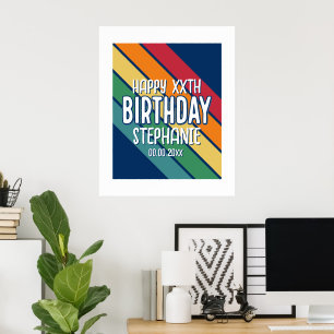 Happy Birthday - Voeg jaar en naam toe met strepen Poster