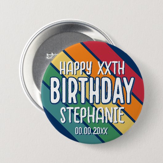 Happy Birthday - Voeg jaar en naam toe met strepen Ronde Button 7,6 Cm (Voorkant /achterkant)