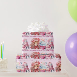 Happy Birthday Voeg meisjesnaam toe Schattige roze Cadeaupapier