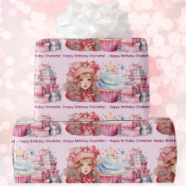 Happy Birthday Voeg meisjesnaam toe Schattige roze Cadeaupapier