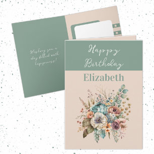 Happy Birthday voeg naam boho floral green toe Kaart