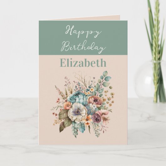 Happy Birthday voeg naam boho floral green toe Kaart (Voorkant)