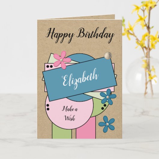 Happy Birthday voeg naam toe roze groen blauw rust Kaart (Gele Bloem)