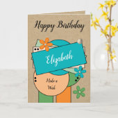 Happy Birthday voeg naam toe sinaasappel groen bla Kaart (Gele Bloem)