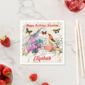 Happy Birthday,  vogels, bloemen oude letters Servet (Insitu)