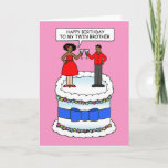 Happy Birthday voor African American Twin Brother Kaart<br><div class="desc">Een cartoon afrikaans-amerikaans man en een vrouw die bovenop een gigantische cake staat. De vrouw is gezegde van het man 'Happy Birthday to my twin broer'.</div>