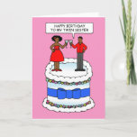 Happy Birthday voor African American Twin Sister Kaart<br><div class="desc">Een cartoon afrikaans-amerikaans stel bovenop een grote witte verjaardagstaart. Het man is het gezegde 'Happy Birthday to my twin zus'.</div>