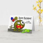 Happy Birthday voor de kleine Puke Funny Monster Kaart (Gele Bloem)