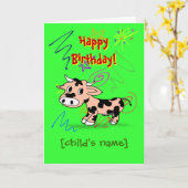 Happy Birthday voor kinderen met cartoon koe Kaart (Gele Bloem)