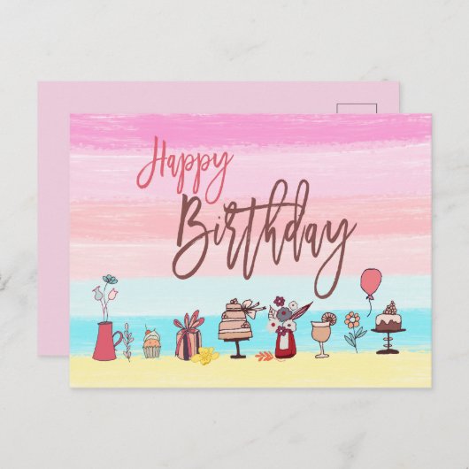 Happy Birthday Vrouwelijke  Pastel Stripes/Arty Briefkaart (Voorkant / Achterkant)