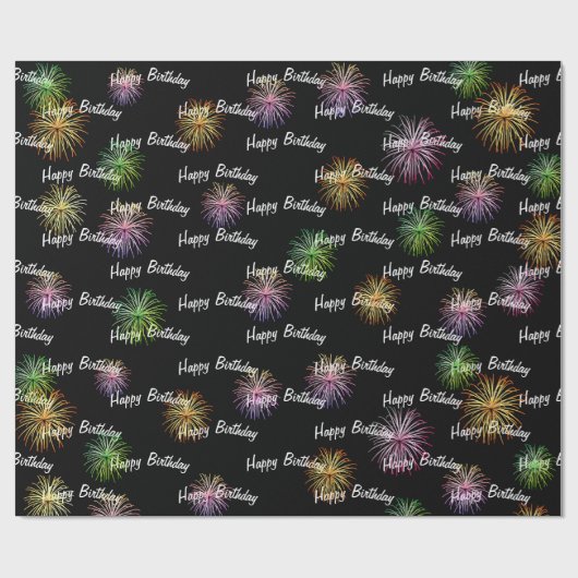 Happy Birthday vuurwerk op zwart Cadeaupapier (Vlak)