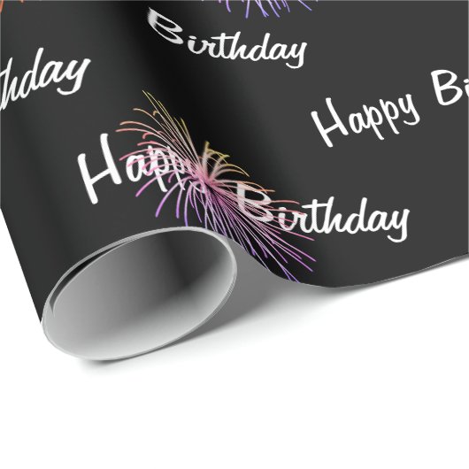 Happy Birthday vuurwerk op zwart Cadeaupapier (Rol Hoek)