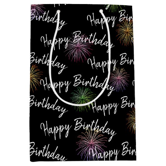 Happy Birthday vuurwerk op zwart Medium Cadeauzakje (Voorkant)