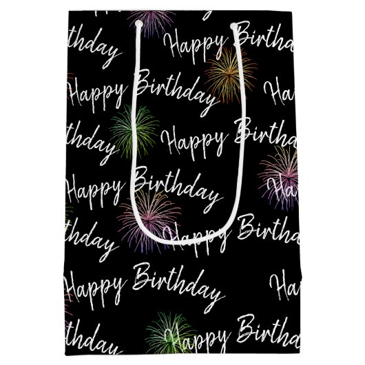 Happy Birthday vuurwerk op zwart Medium Cadeauzakje (Achterkant)