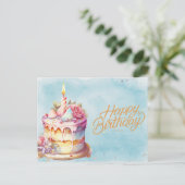 Happy Birthday Watercolor Cake with Flowers  Briefkaart (Staand voorkant)