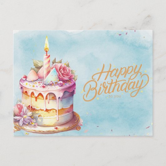 Happy Birthday Watercolor Cake with Flowers  Briefkaart (Voorkant)