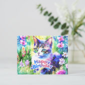 Happy Birthday Watercolor Cat and Flowers Briefkaart (Staand voorkant)