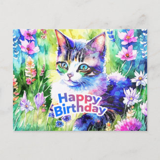 Happy Birthday Watercolor Cat and Flowers Briefkaart