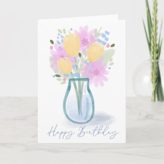 Happy Birthday Watercolor Floral Vase for Mom Kaart