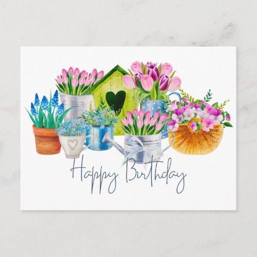 Happy Birthday Watercolor Garden Flowers - Tulips Briefkaart (Voorkant)