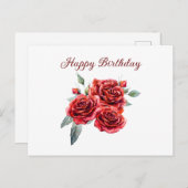 Happy Birthday Watercolor Red Roses Briefkaart (Voorkant / Achterkant)