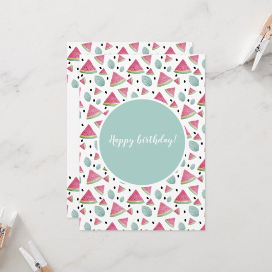 Happy Birthday Watermelon Pattern Waterverf Kaart (Voorkant / Achterkant in situ)