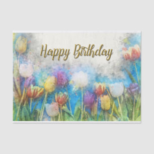 Happy Birthday Waterverf Abstracte Tulip Flowers Tissuepapier