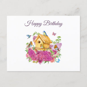 Happy Birthday Waterverf Birdhouse Lila Flowers Briefkaart