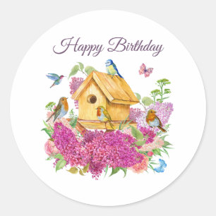 Happy Birthday Waterverf Birdhouse Lila Flowers Ronde Sticker