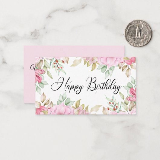Happy Birthday waterverf Bloemroze Classic Notitiekaartje (Voorkant / Achterkant in situ)