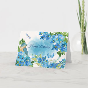Happy Birthday Waterverf Blue Flowers en Bird Kaart