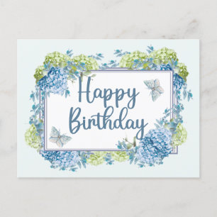 Happy Birthday Waterverf Blue Hydrangea Flowers Briefkaart