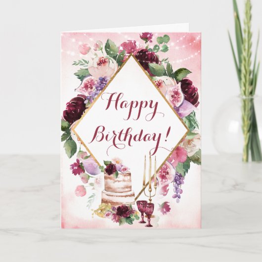 Happy Birthday Waterverf Boho Floral Wine Gold Kaart (Voorkant)