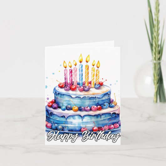 Happy Birthday Waterverf Cake Art Kaart (Voorkant)
