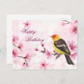 Happy Birthday Waterverf Cherry Blossom & Bird Briefkaart (Voorkant / Achterkant)