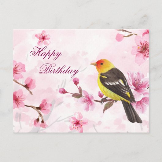 Happy Birthday Waterverf Cherry Blossom & Bird Briefkaart (Voorkant)