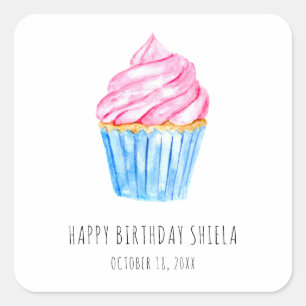 Happy Birthday Waterverf cupcake schattig roze ijs Vierkante Sticker