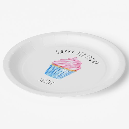 Happy Birthday waterverf cupcake schattige roze ic Papieren Bordje