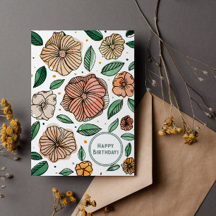 Happy Birthday  waterverf en inktbloemen Feestdagenkaart