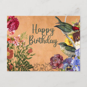 Happy Birthday Waterverf  Flowers, Birds Briefkaart